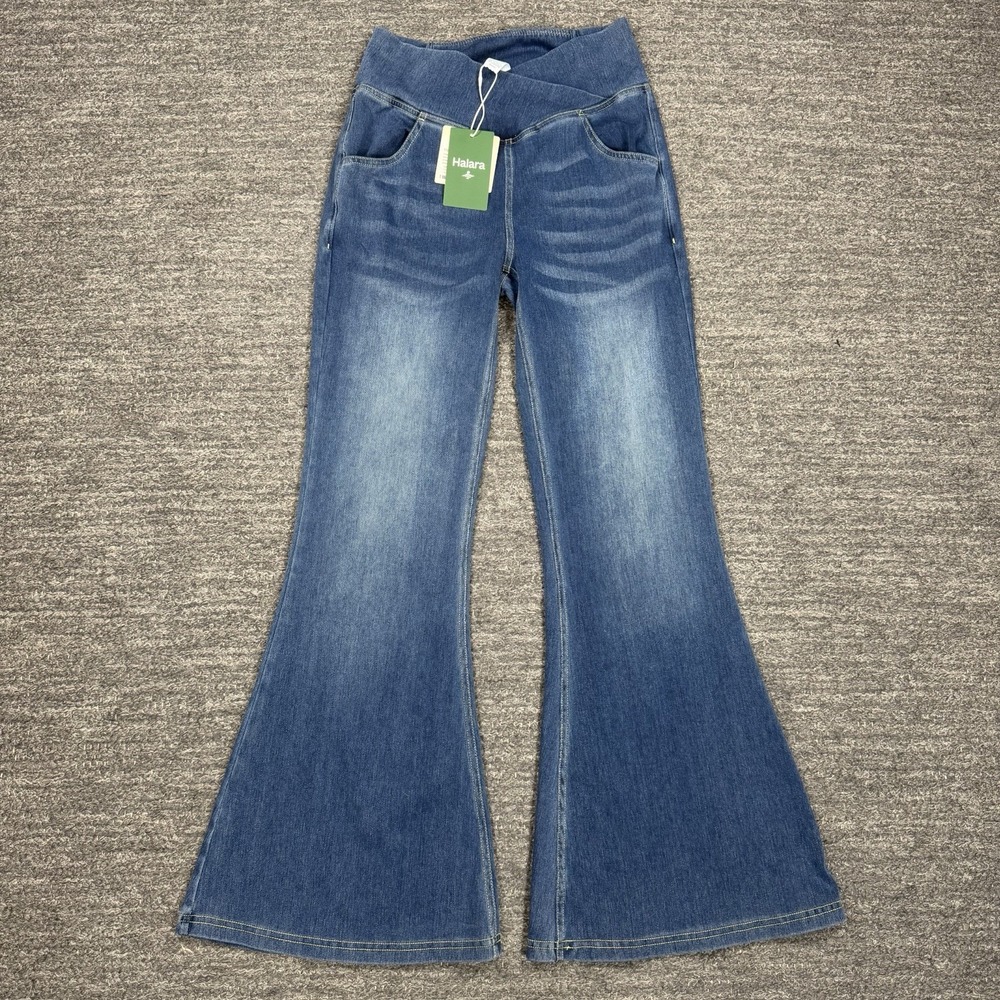 Halara Flex  Crossover Pull On Flare Jeans Small Petite Bell Bottom Blue Stretch